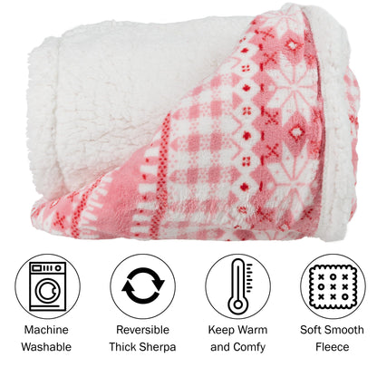 Lavish Home Reversible Fleece Blanket - 50x60-Inch Machine-Washable Sherpa Throw with Snowflakes - Cozy Blanket for Couch, Chair, or Bed (Pink)