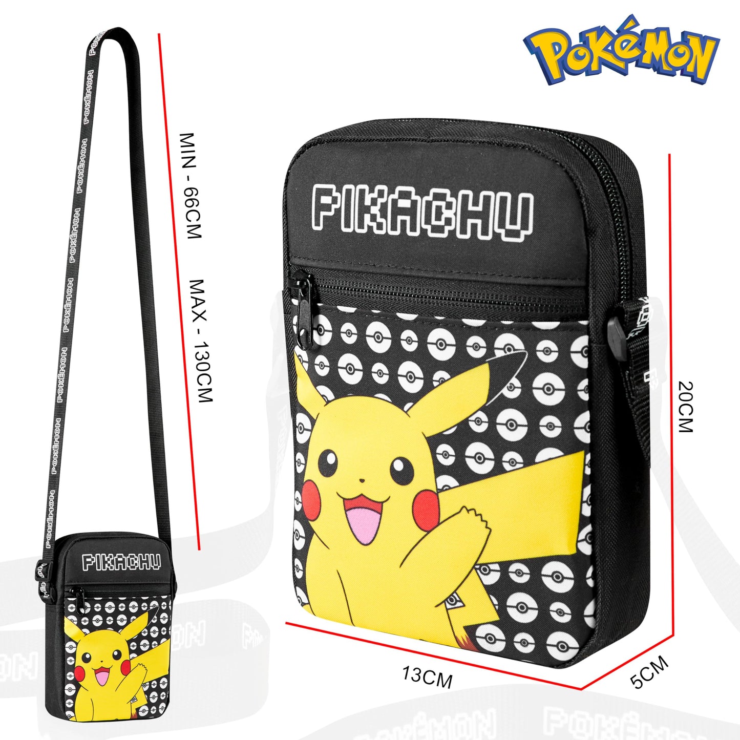 Pokemon Shoulder Bag Cross Body Bag for Kids - Adjustable Strap Kids Pikachu Small Travel Bag - Gamer Gifts (Black Pikachu)