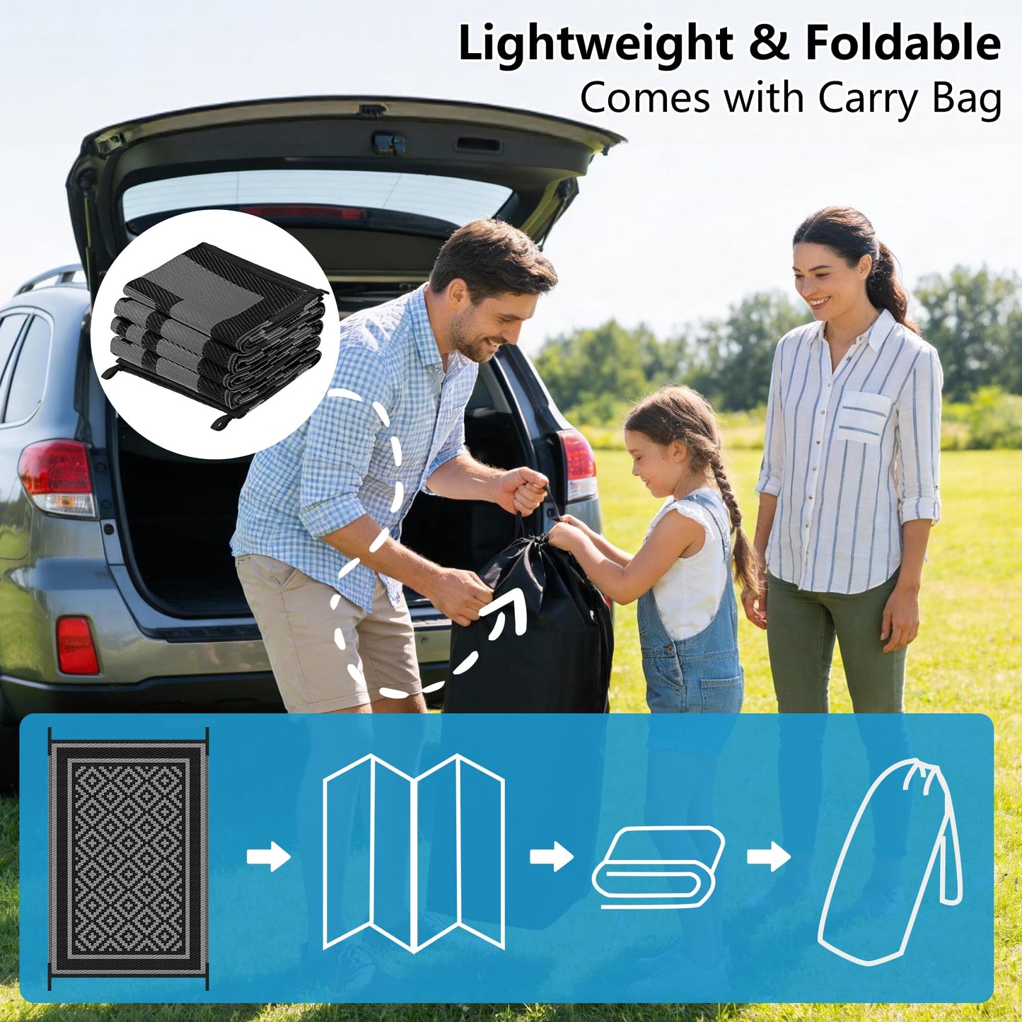Kohree RV Outdoor Rug 9x12 Reversible, Waterproof Patio Mat with 4 Stakes & UV Fade Resistant, Non-Slip Outdoor Camping Mat for Deck, Picnic, Backyard, Includes Carry Bag (Black & Grey)