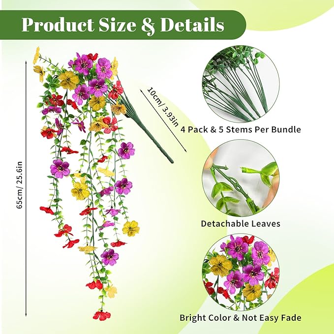 Artificial Fake Hanging Flowers Plants for Outdoor Spring Summer Decoration, 4pcs Faux Silk Realistic UV Sun Resistant Daisy for Outside Porch Patio Window Box Yard Home Decor (Colorful Mix)