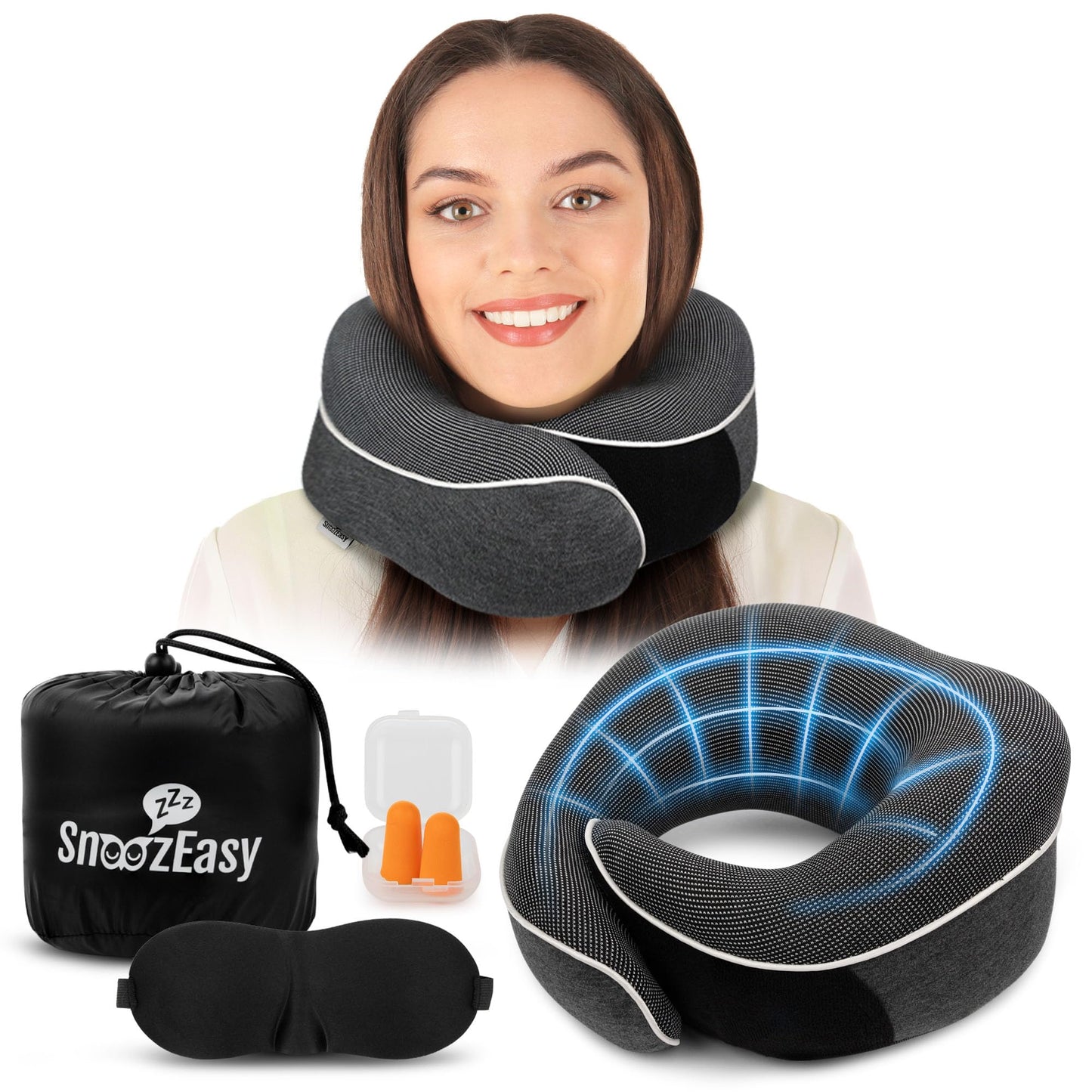 SnoozEasy™ Travel Pillow for Adults | Memory Foam 360 Degree Neck Support with Removable Pillow Case | Includes Travel Bag, Eye Mask and Ear Plugs | Dark Grey | UK Brand
