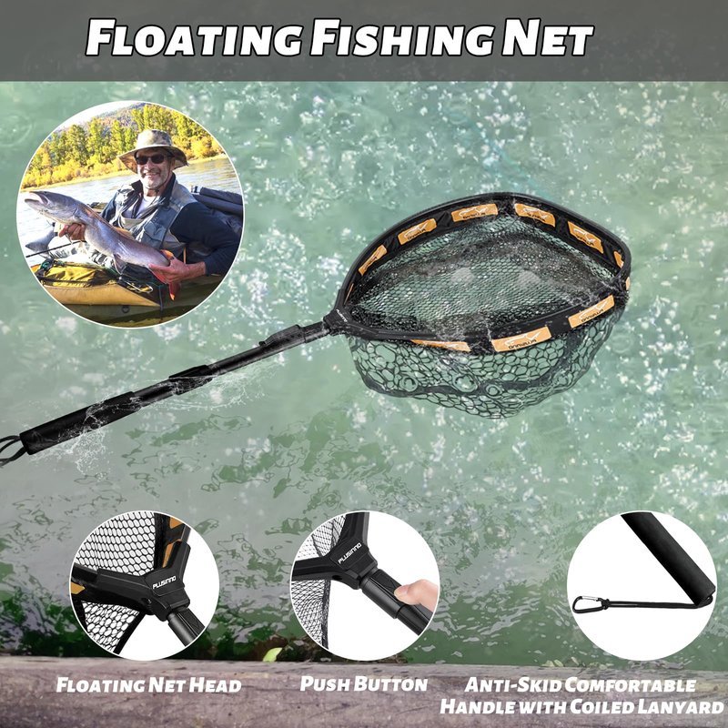 PLUSINNO Fishing Net Fish Floating Landing Net, Kayak Nets with Fixed Foldable Telescopic Pole Handle,Bass Trout Fishing Nets with Nylon Mesh for Pond Lake River,Fishing Gear Gifts for Men Orange 1.0M