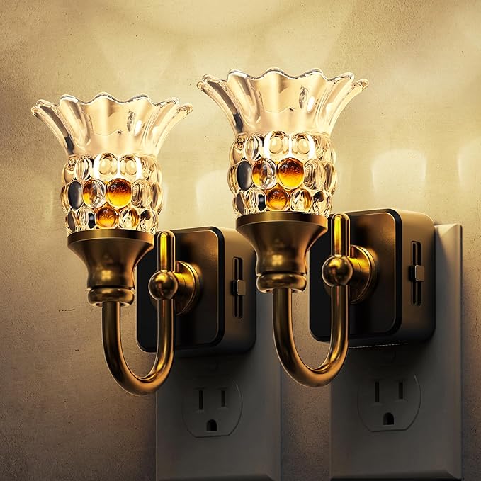 L LOHAS LED Night Lights Plug into Wall, 2 Pack 3000K Soft White LED Floral Night Light with Auto Sensor, 0-100lm Adjustable Brightness Plug in Nightlight, for Hallway Bedroom Stairway Gift