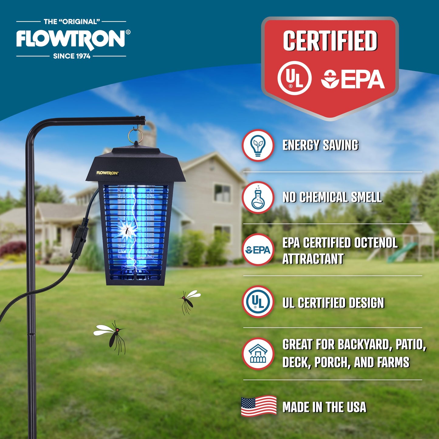 Flowtron Bug Zapper, 1 Acre of Outdoor Coverage with Powerful 40W Bulb & 5600V Instant Killing Grid, Electric Insect, Fly & Mosquito Zapper, Made in The USA