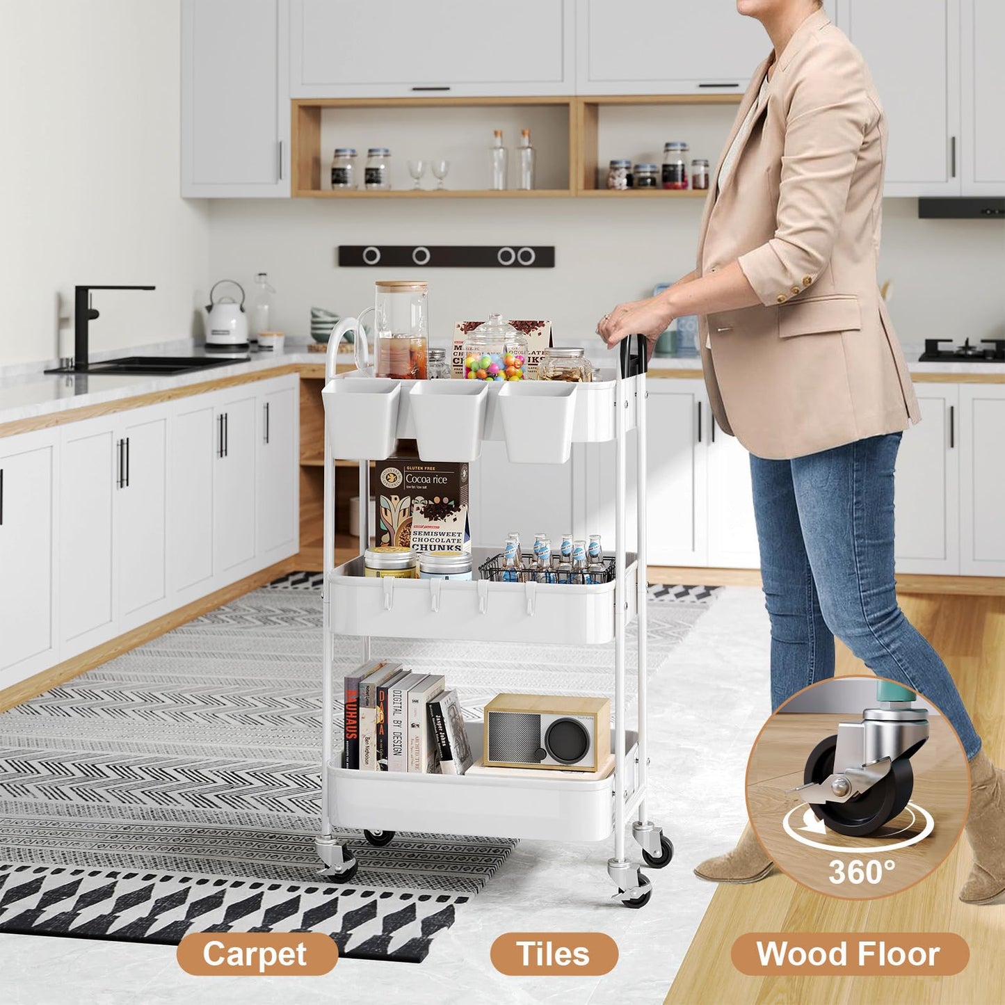 3 Tier Heavy Duty White Metal Rolling Cart with Lockable Wheels, Three Tier Roller Book Snack Cart, Utility Storage Organizer Carts for Kitchen, Bathroom, Garage, Baby Diaper, Craft, Art, Teacher