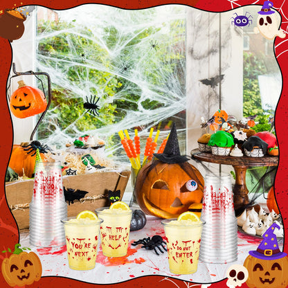 FoldTier 50 Pcs Plastic Halloween Bloody Cups - 12 oz Clear Disposable Drinking Cups for Home Halloween Theme Party Supplies Decoration (Blood Print)