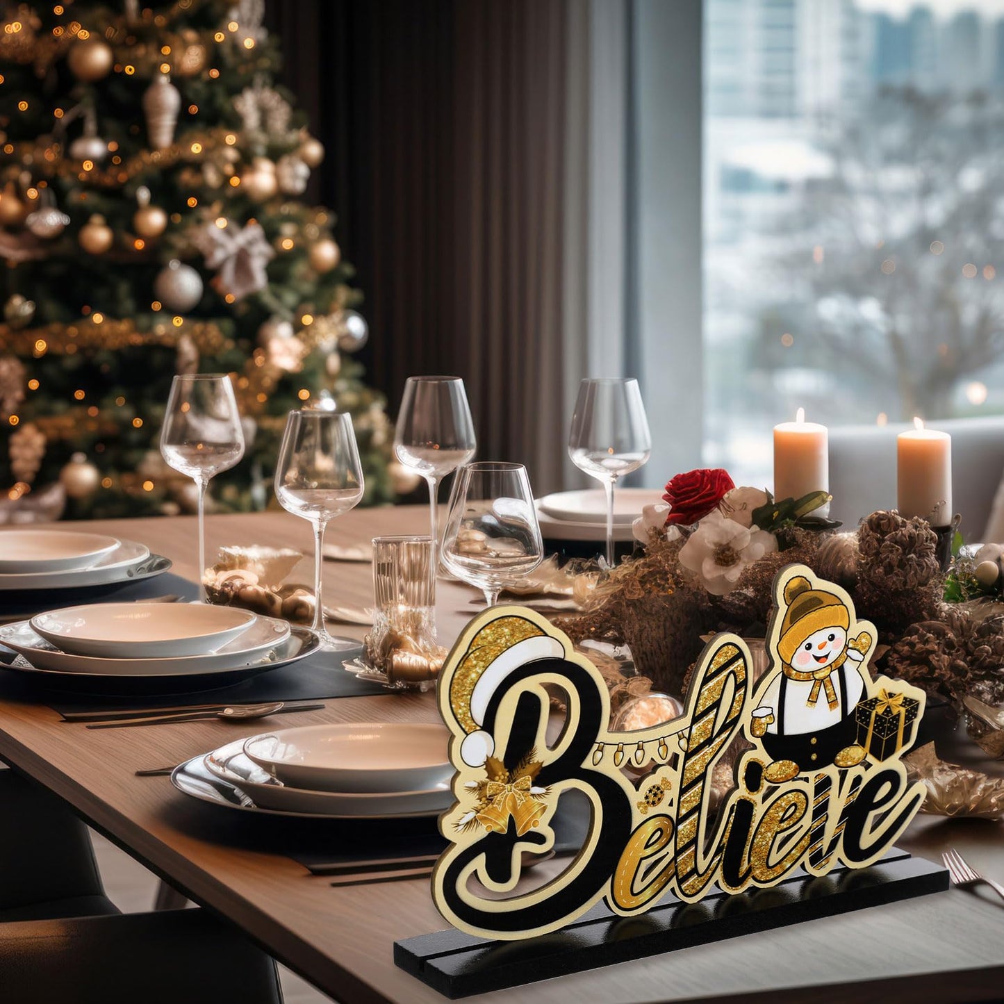 Blulu 3 Pcs Christmas Decorations Indoor Centerpieces for Tables Tabletop Wooden Sign Snowman Farmhouse Centerpieces for Christmas Xmas Holiday Party Indoor Decor(Gold)