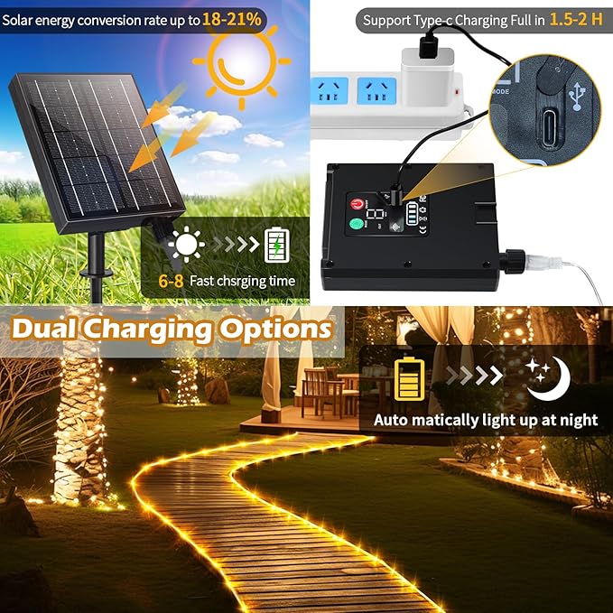 98FT Waterproof 300LEDs Solar Rope Lights, Type C Charging, Remote-Controlled, for Outdoor Pathway Pool Patio Party Garden Yard Palm Tree Holidays (Brighter - Warm White)