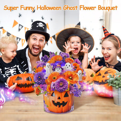 MZD8391 Halloween Cards with Music & Lights, Pop Up Halloween Decorations, Ghost & Dasiy, 10 Inch Life Sized Forever Flower Bouquet Gifts for Wife Mom Grandma Women Daughter