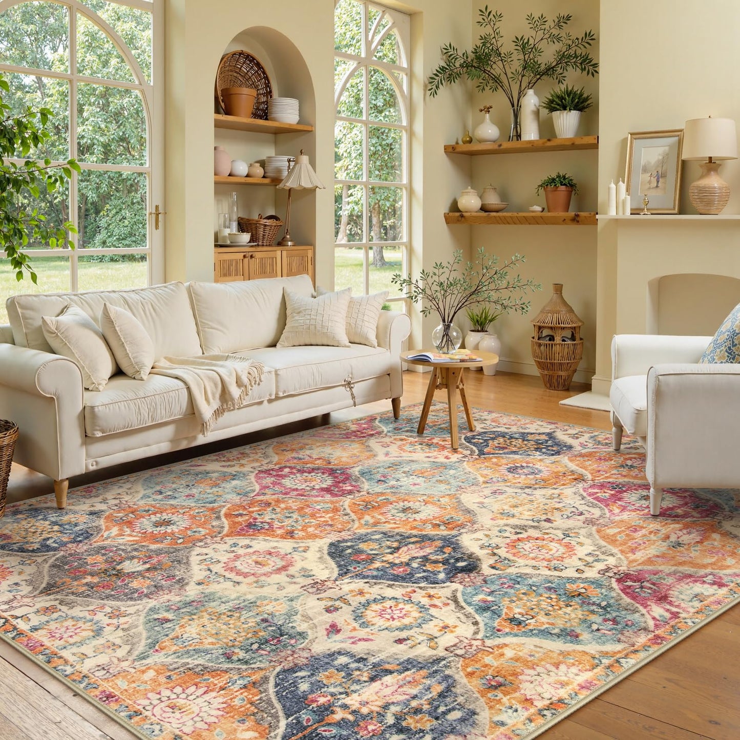 Lahome Moroccan Trellis Washable Area Rugs 5x7, 5x7 Area Rugs for Living Room Bedroom, Indoor Non-Slip Large Oriental Throw Carpet for Kitchen Entryway Bathroom Office Elise, Cream/Multi