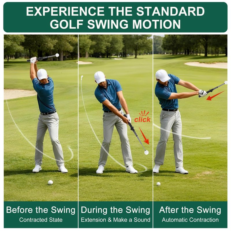 exsulity Retractable Golf Swing Training Aid, Golf Grip Trainer Right Hand, Rhythm Click Sound Telescopic Warm Up Golf Swing Trainer for Indoor & Outdoor Practice
