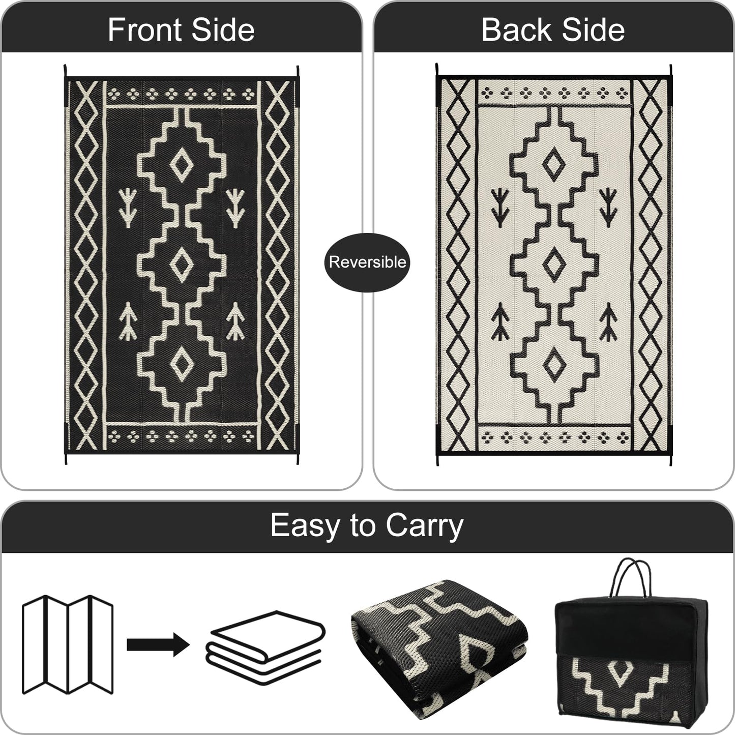 Uphome Outdoor Rug Mat Waterproof 5x8 ft, Reversible Outdoor Plastic Straw Rug, Black Boho Patio Rug, Foldable RV Camping Rug, Indoor Outdoor Area Rug for Backyard Deck Pool Balcony Picnic, 5'x8'