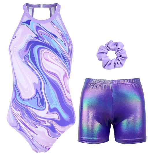 JOYSTREAM Gymnastics Leotards for Girls With Shorts Sparkly Ballet Dance Clasp Back Activewear Lavender Line,6-7Years