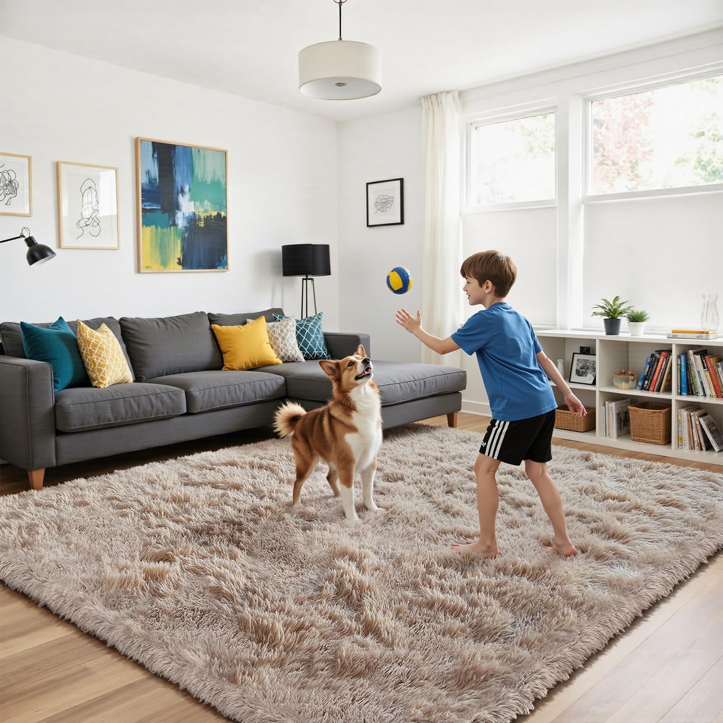 yongyangjuxin Fluffy Rug Shag Area Rug, Beige 8x10 Area Rugs for Living Room, Large Shag Area Rugs for Bedroom Room Home Decor, Upgrade Anti-Skid Rectangular Fuzzy Rugs
