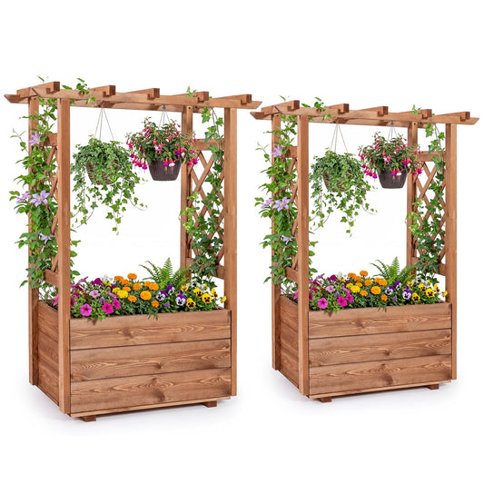 Giantex Raised Garden Bed with Sided Trellis & Roof Set 2, 31”x16”x41” Wood Elevated Planter Box, Freestanding Garden Planter Raised Bed for Flowers Herbs Climbing Vines,Brown