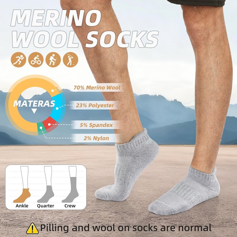 Lapulas Merino Wool Ankle Hiking Running Socks for Men Women Breathable Compression Thick Athletic No Show Socks 6 Pairs