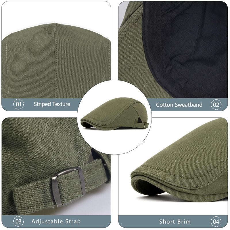 meioro Cotton Newsboy Cap for Men Striped Texture Flat Cap Gatsby Irish Cabbie Ivy Newsboy Hat Adjustable Breathable Summer Flat Caps Mens Driving Hunting Fishing Golf Dress Beret Hats(Green)