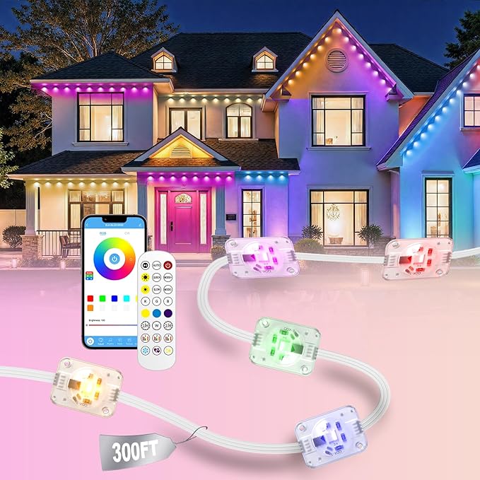 Permanent Outdoor Lights for House, 300ft RGB+IC Smart LED Eaves Lights, IP67 Waterproof Outdoor Lighting with App/Remote Control for Halloween, Christmas, Holiday, Daily, Party