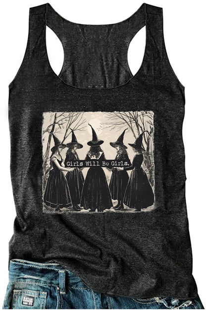 Halloween Shirts for Women Girls Will Be Girls Tank Tops Ladies Witch Graphic Racerback Tees Fall Halloween Outfit Tops(Medium,Girls Witch Grey)