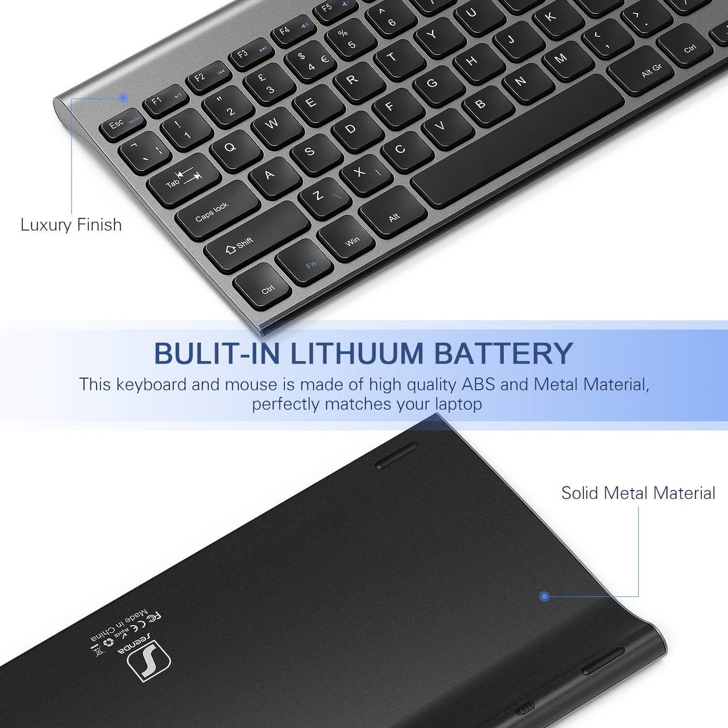 seenda WGJP-031 Small Wireless Keyboard and Mouse, Ultra Compact Rechargeable USB Keyboard and Mouse Combo with Portable Size Low Profile Keys for Windows XP/7/8/10/11 Laptop Computer, Black and Grey