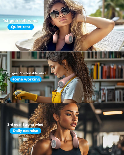 Hssio Portable Neck Fan with 4000mAh Rechargeable Battery & LED Display, Personal Cooler for Women/Men, 3-Speed Bladeless 360° Cooling Fans, Stylish Gift for Gym/Travel/Office, Pink