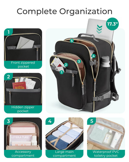 BAGSMART Travel Backpack for Women, 35L Carry-On Backpack Fits 17.3 Inch Laptop, TSA Approved Water-Resistant Weekender Gym Backpack, Black