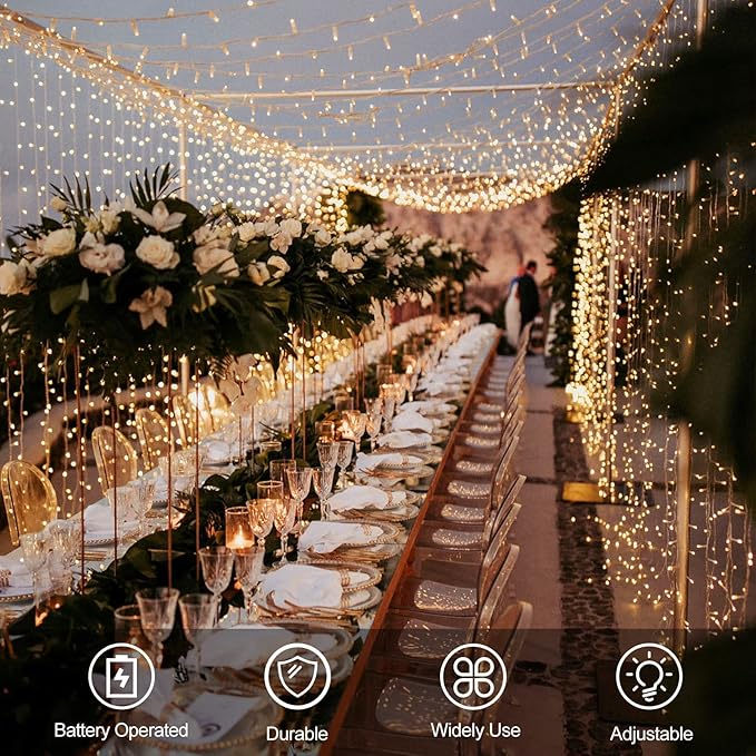 echosari String Lights Battery Powered, 33Ft 100 LED Fairy Lights Warm White Outdoor Christmas String Lights with Remote Dimmable Timer 8 Modes for Wedding Party Garden Decoration