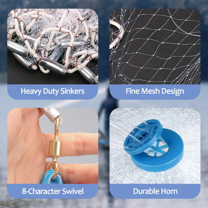 Yeahmart Handmade American Saltwater Fishing Cast Net with Heavy Duty Real Zinc Sinker Weights for Bait Trap Fish 9Ft Radius, 3/8 Inch Mesh Size