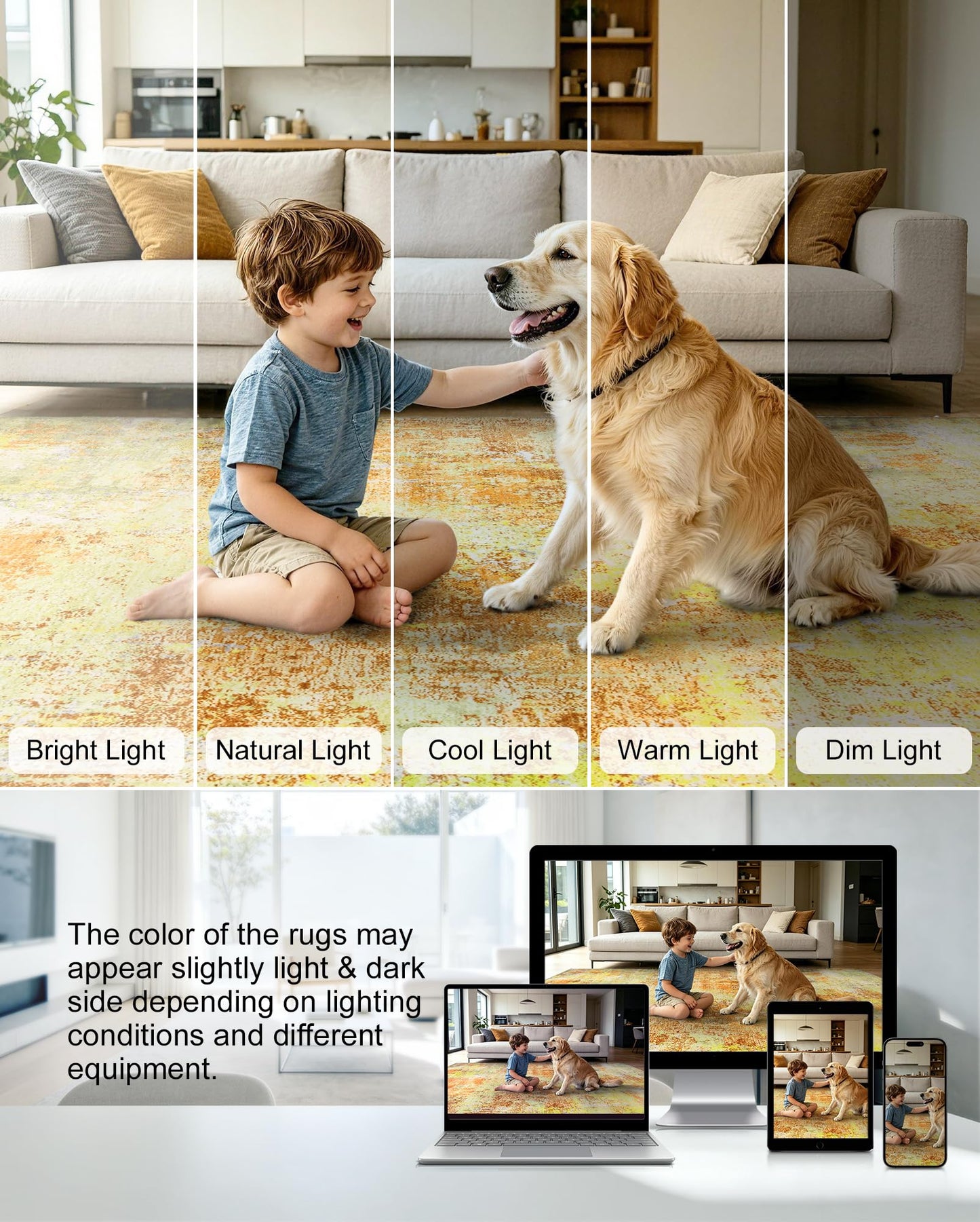 Washable Area Rug Living Room Rugs 5X7 - Neutral Modern Abstract Rugs Soft Carpet with Non Slip Backing for Under Dining Room Table, Bedroom, Home, Office, Yellow Brick