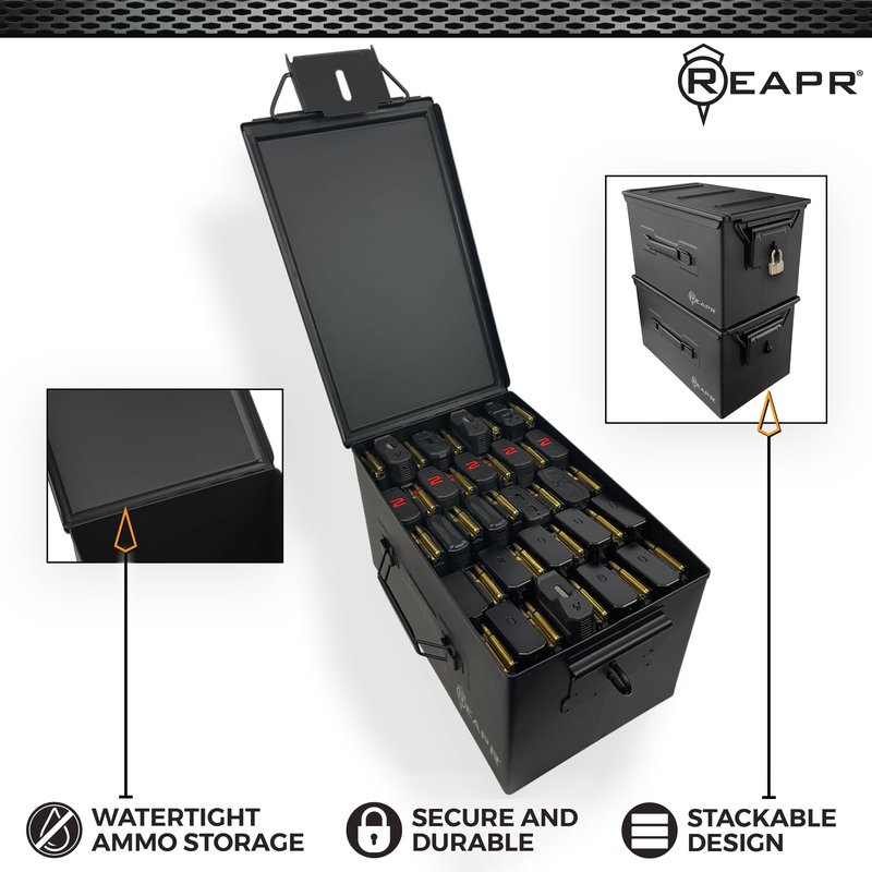 Reapr XL Ammo Box – Lockable Heavy Duty Steel Ammo Can for 9mm, 223, 50 Cal, Airtight Military Storage Case for Tools, Gear or Ammunition, Water Resistant Metal Footlocker Style Organizer