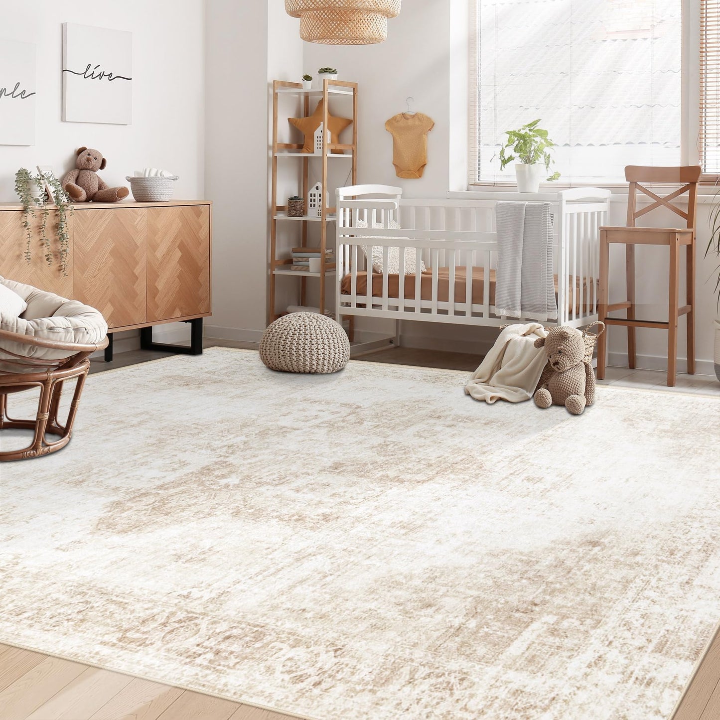 VECARF Area Rug 6x9 Washable Rug, Vintage Boho Medallion Rugs Non-Slip Soft Low Pile Large Distressed Rug Indoor Retro Carpet for Living Room Bedroom Dining Room Home Office (Beige, 6'x9')