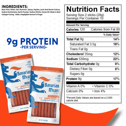 Bavarian Meats Lil' Landjaeger Meat Sticks, Smoked Sausage Protein Snacks, Zero Sugar, Great Source of Protein, Gluten Free, Keto Friendly Low Carb Snack, 10 Ounce