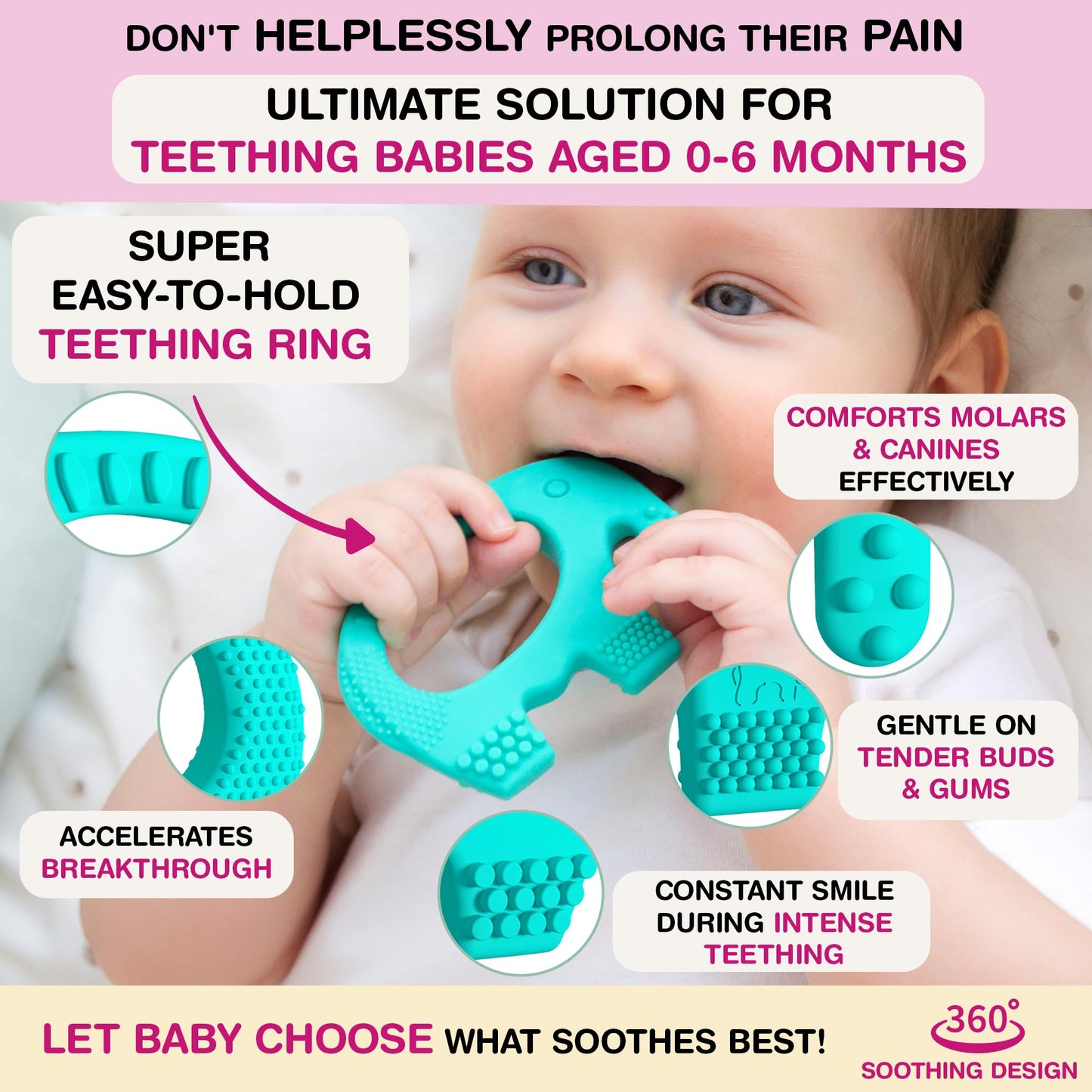 Baby Elefun Teething Ring for Babies 0-6 Months - 5X Pain Relief Smart Teether - Zero Developmental Delay Silicone Teether - Cute Infant Chew Toy, Shower Gift