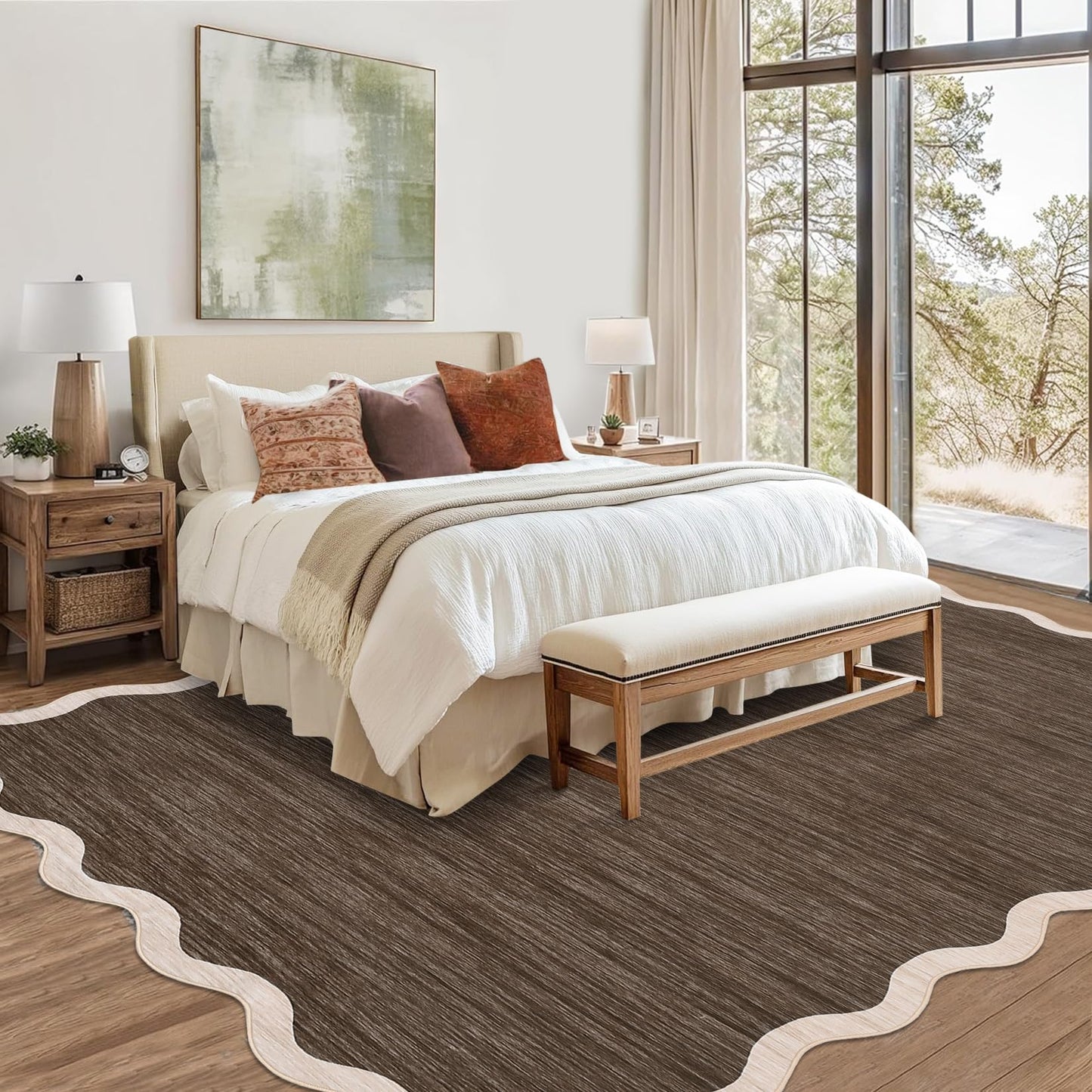 Garvee Scalloped Washable Rugs 9x12 Area Rug for Bedroom Rug Non Slip Throw Rugs Large Living Room Rug Modern Farmhouse Low Pile Soft Stain Resistant Carpet for Nursery Dining Room 9'x12' Dark Brown