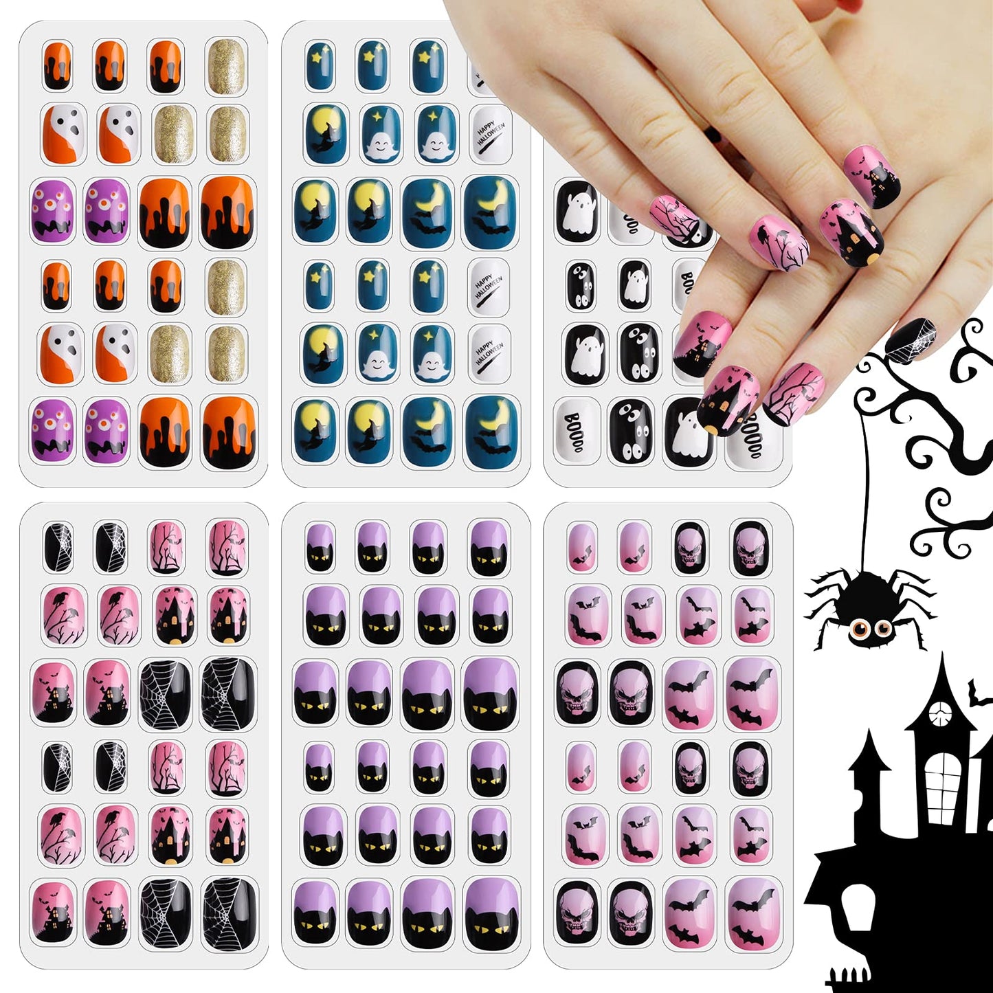 Kalolary 144 PCS Halloween Kids False Nails, Press On Children Nails kids Full Cover Short Fake Fingernail Kit, Halloween kids Fake Nails with Skull Bat Ghost Pattern for Girls Nail Art Decoration