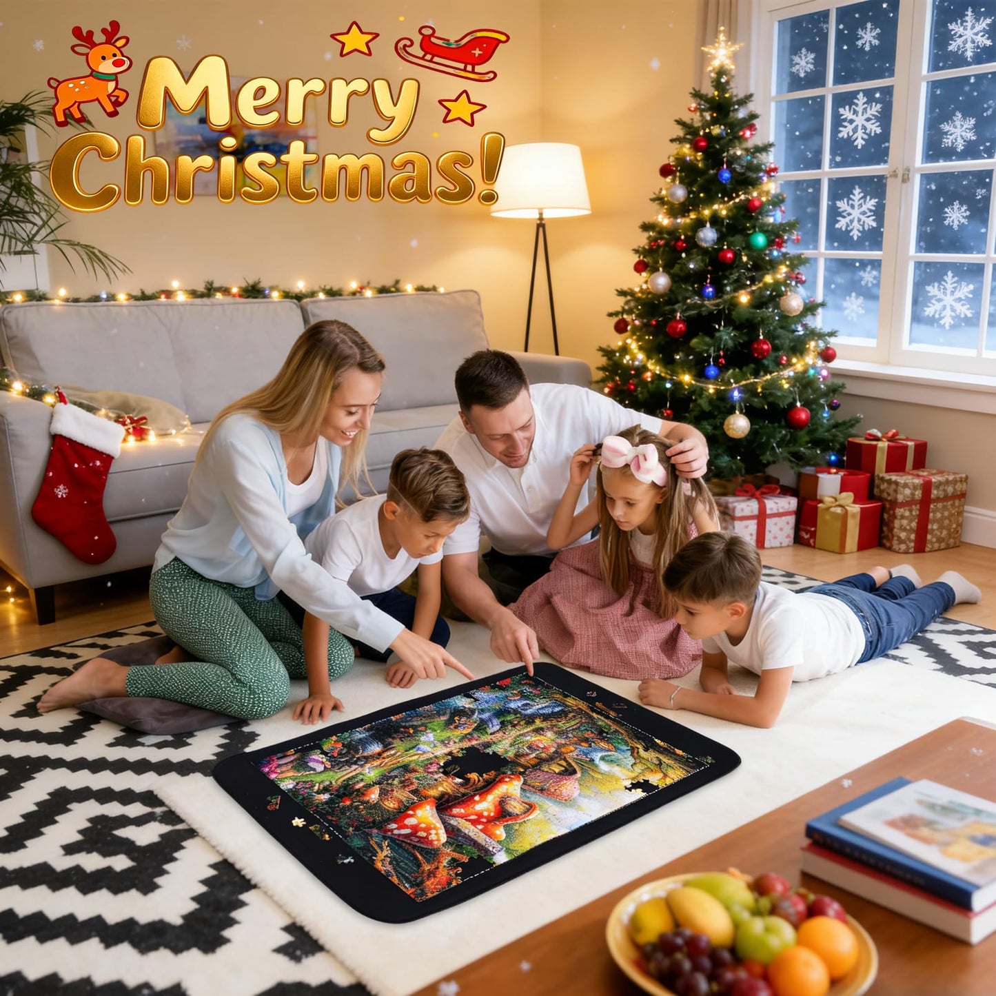 Lwoeo Jigsaw Puzzle Mat Roll Up 1000 Pieces, Smooth Top Saver Pad 34.6" x 22.8" with 6 Sorting Trays & Travel Storage Bag for Sorting Table, Board, Portable Puzzles Matt Rollup Non-Slip Rubber Bottom