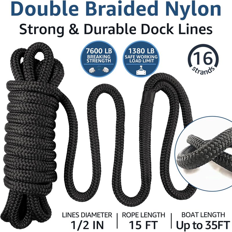 PACTHSD 2 Pack 1/2" x 15' Dock Lines - Marine Grade Nylon Boat Rope with 12" Loop for Docking and Mooring - Double Braided Boat Lines, High Strength, Easy Handling, Fray Resistant - Black