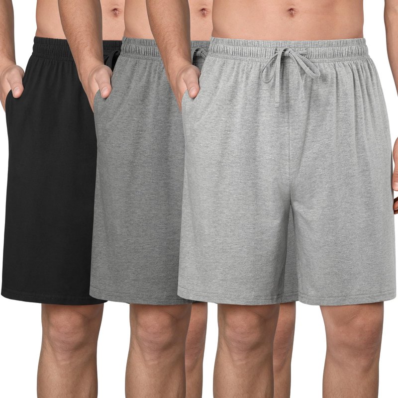 Wenouy 3 Pack Mens Cotton Pajama Shorts Soft Comfortable Lounge Shorts with Drawstring & Two Pockets Sleep Bottoms for Men Black, Gray, Light Gray XL