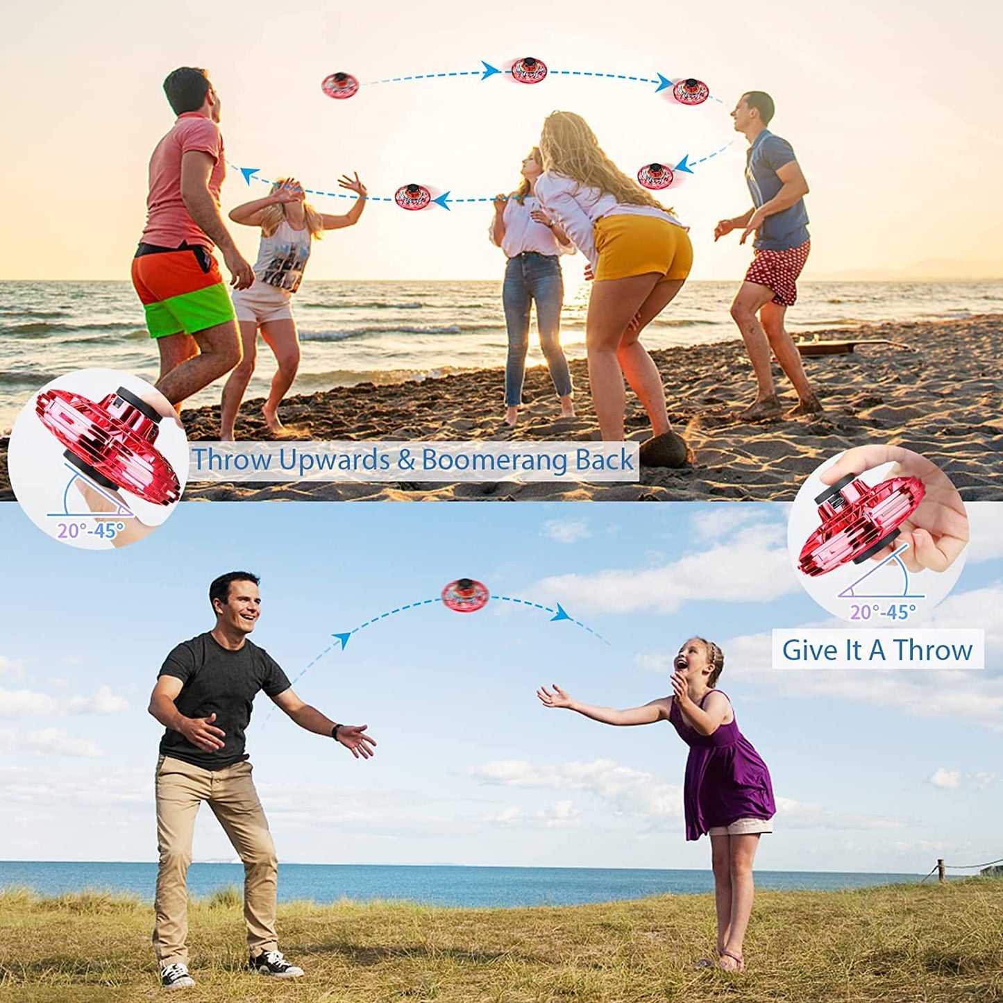 Flying Spinner Toys, Hand Controlled Mini Drone, RGB Light Fidget Boomerang Spinner, 360 Rotating Fly UFO Spin Drone, Flying Space Toys Gift For Kids Adults Outdoor Indoor (Red)