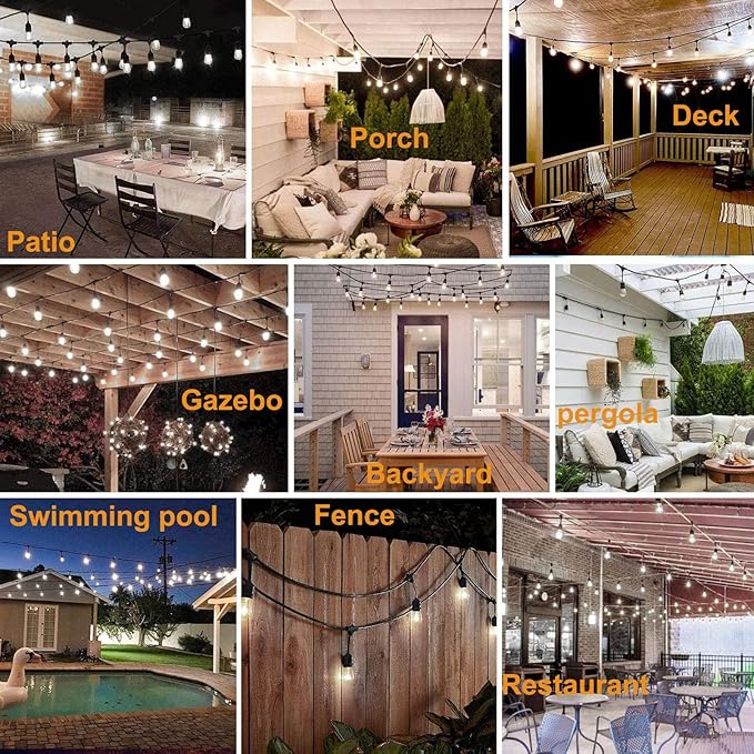 120 FT Outdoor String Lights LED Waterproof with 40 Shatterproof Plastic Warm Edison Bulbs String Bistro Lights for Patio Gazebo Pergola Market