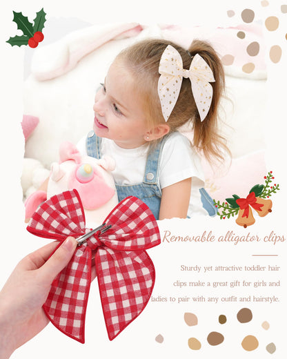doboi 8PCS 5.5" Christmas Baby Girls Hair Clips Fable Hair Bows Cotton Linen Bows for Girls Gingham Hair Accessories for Baby Toddlers Kids