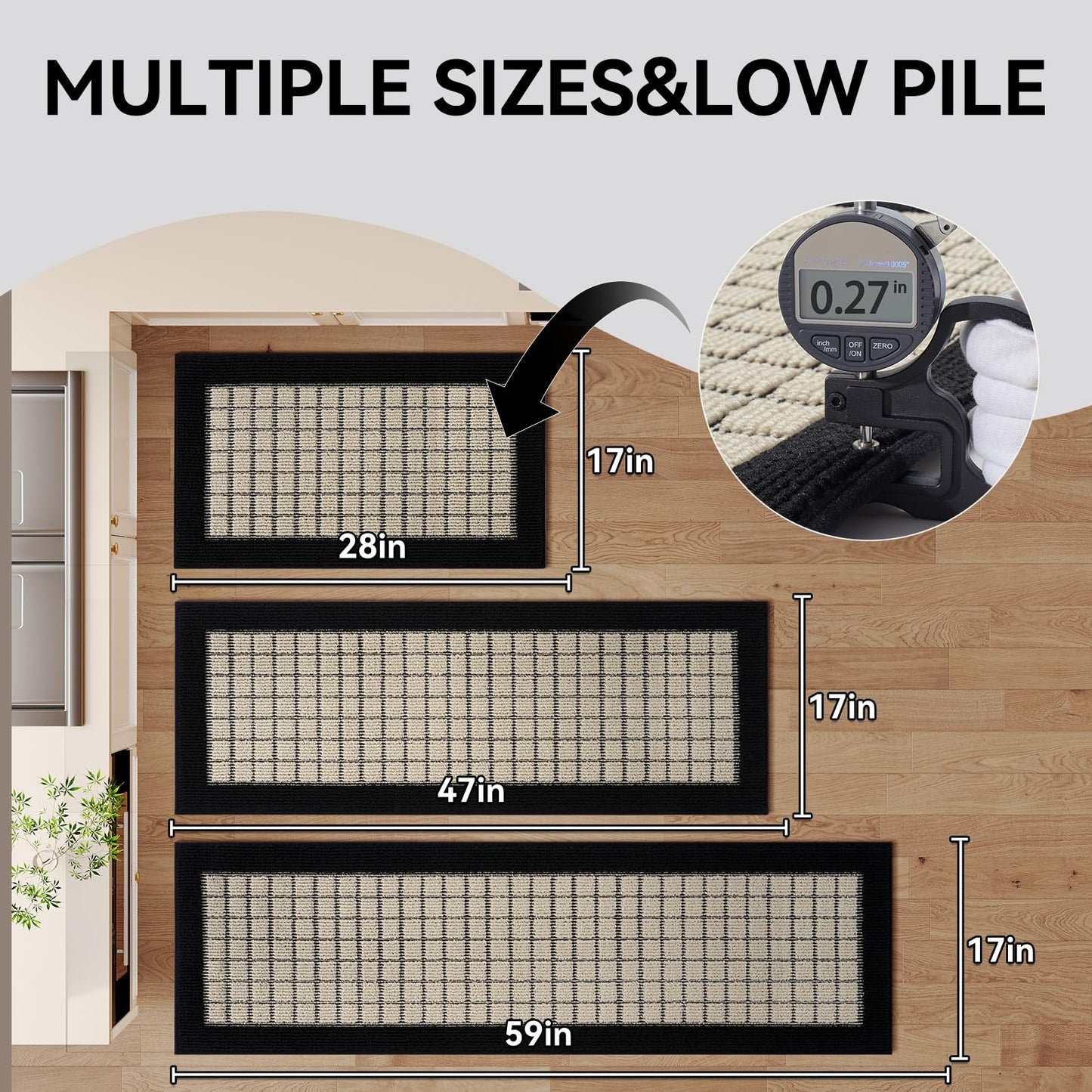 QiCaiJia Kitchen Mats for Floor 17"x30", Non-Slip Washable Kitchen Rugs, Absorbent and Stain Resistant Kitchen Rug, Durable Comfortable Rugs for Kitchen, Hallway, Laundry & Sink, Black