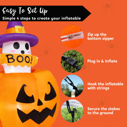 Joiedomi 5ft Tall Halloween Animated Inflatables Outdoor Decorations, Inflatable Ghost on Pumpkin with LEDs, Cute Blow Up Pumpkin Ghost Decor for Outside Yard Outdoor Lawn Garden Party Decoration