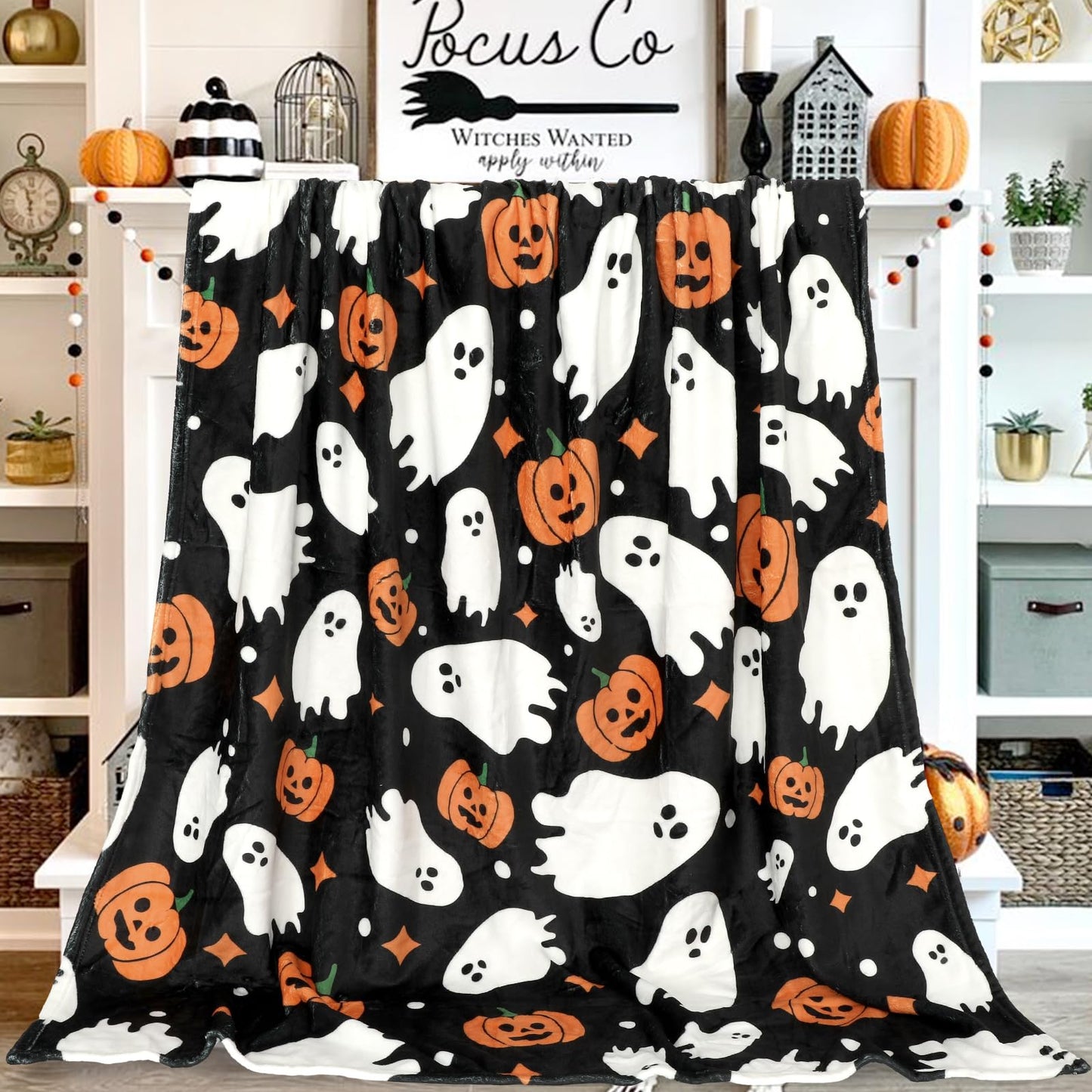JarThenaAMCS Halloween Fuzzy Flannel Blanket 60 x 50 Inch Ghost Pumpkin Throw Blanket Black Soft Blanket for Farmhouse Home Chair Sofa Couch Bed
