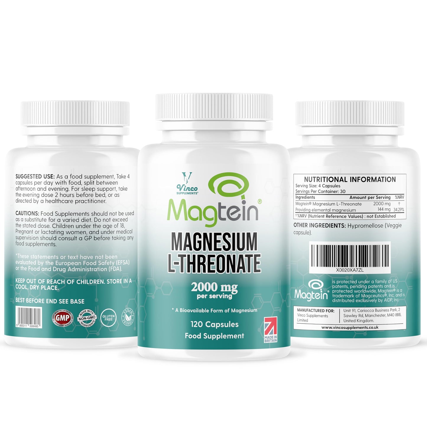 Vinco Magtein® Magnesium L-Threonate Supplement - 120 High Strength Magnesium L Threonate Capsules - 2000mg Bioavailable Form of Magnesium per Serving - Non-GMO & Gluten Free – Made in The UK