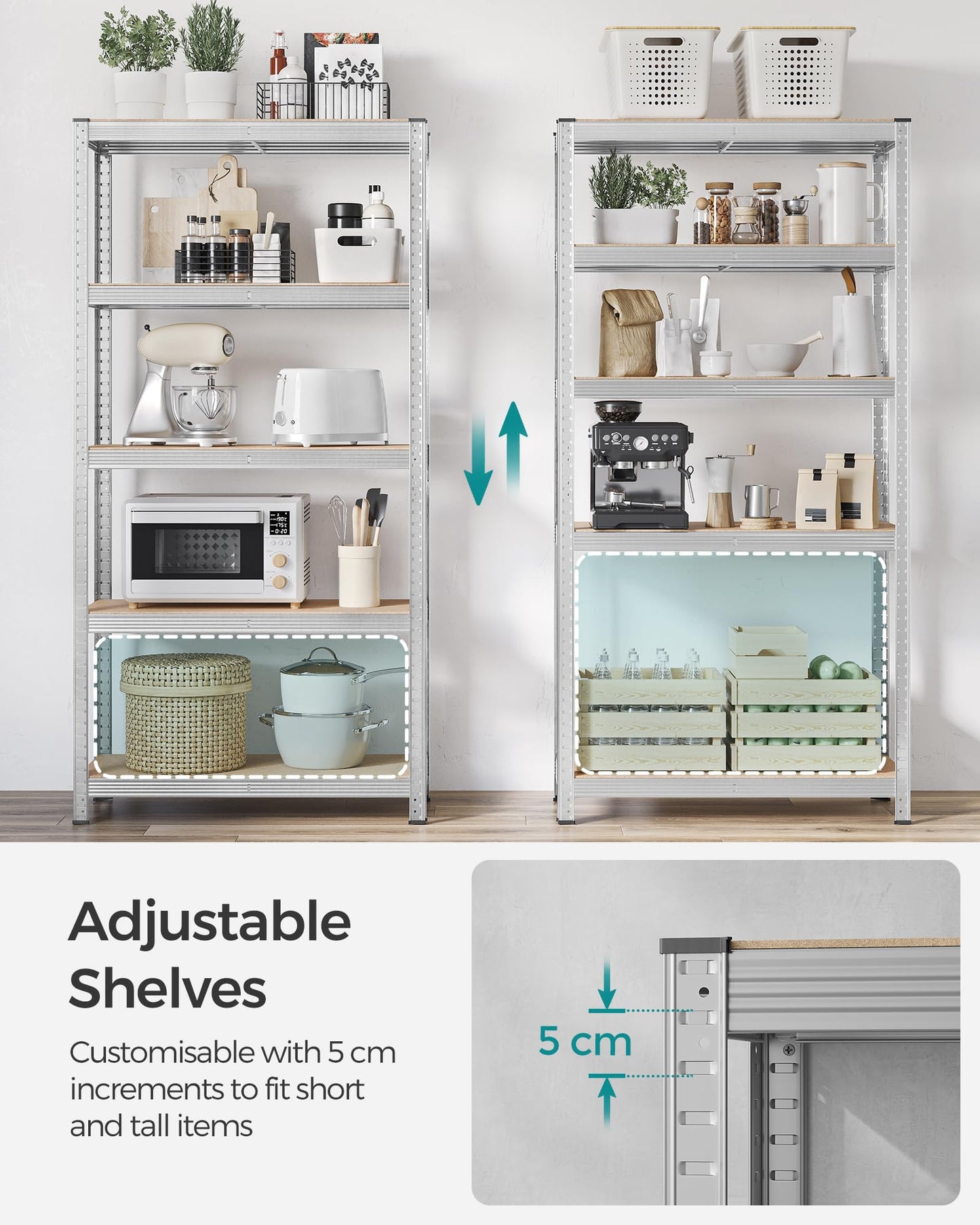 SONGMICS 5-Tier Heavy-Duty Shelving Units, Set of 2 Steel Shelving Units for Storage, Boltless Assembly, for Garage, Shed, Load Capacity 875 kg, 40 x 90 x 180 cm, Silver GLR040E02