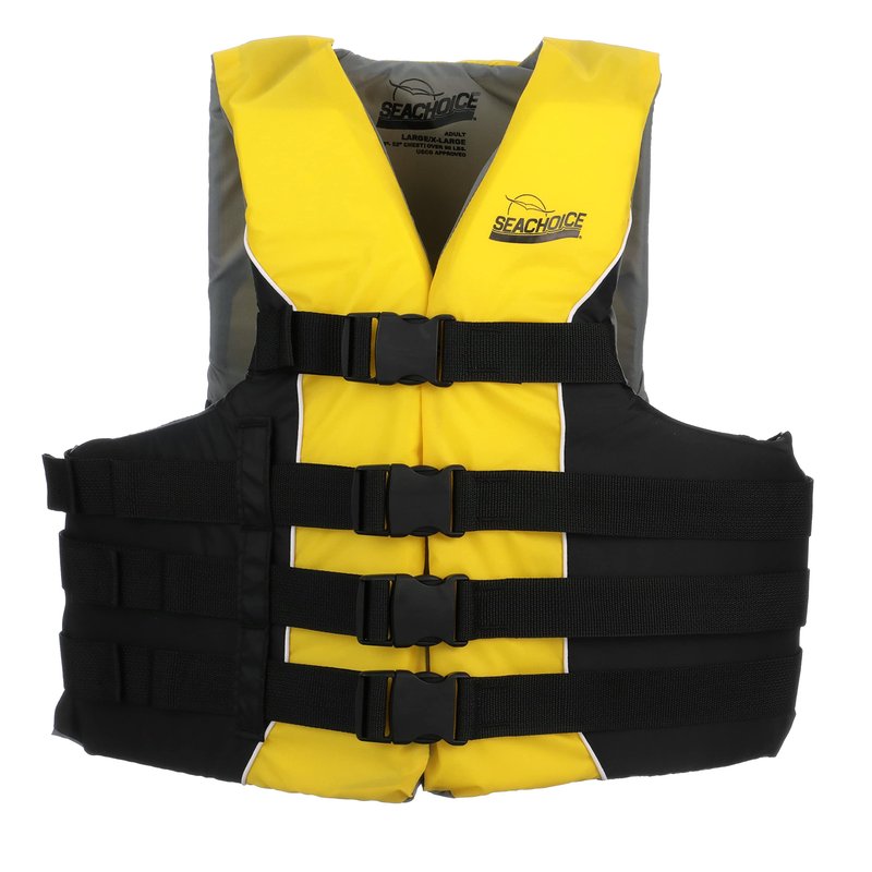 Seachoice Level 70 Life Jacket, Deluxe Adjustable 4-Belt Ski Vest, Yellow and Black, Size L/XL, 40-52 in. Chest