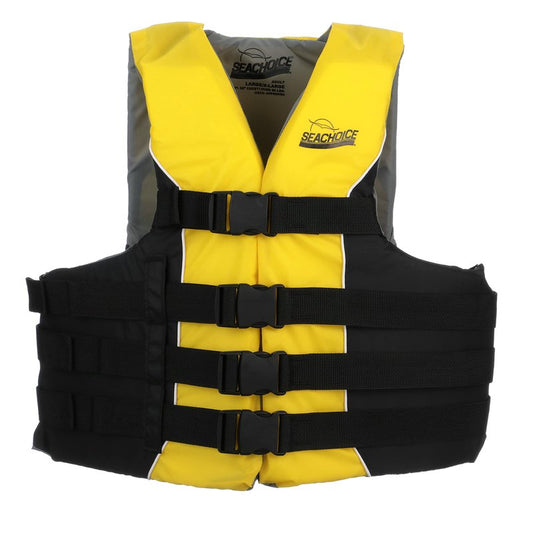 Seachoice Level 70 Life Jacket, Deluxe Adjustable 4-Belt Ski Vest, Yellow and Black, Size L/XL, 40-52 in. Chest