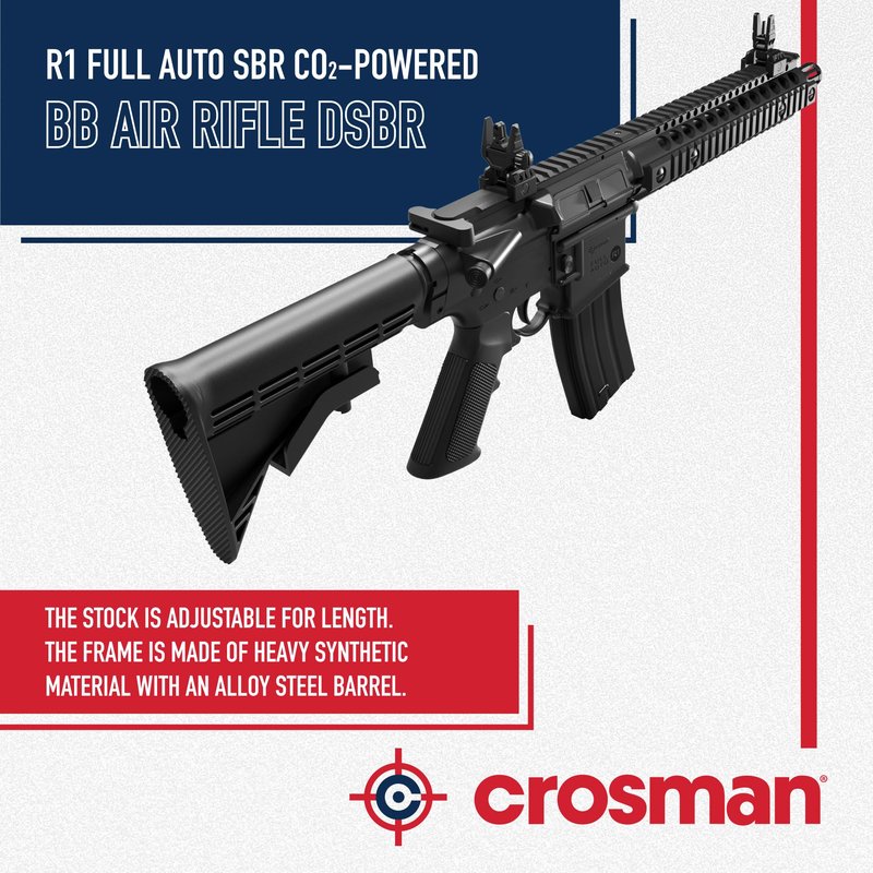 Crosman Full Auto R1 CO2 BB Air Rifle with 25-Round Magazine - Full and Semi-Auto Action, 1400 round per minute rate, Adjustable Stock, Quad Rail - Black