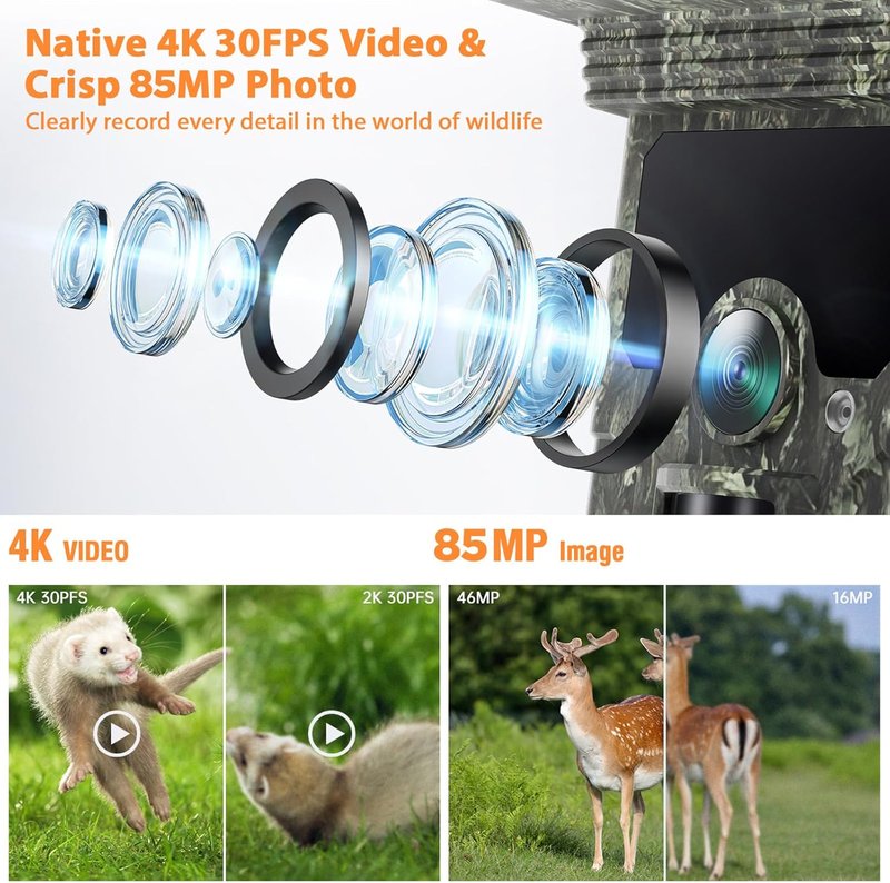 Solar Trail Camera - 4K 85MP WiFi Bluetooth Game Camera with Night Vision | Rechargeable 2500mAh Battery, IP66 Waterproof for Wildlife